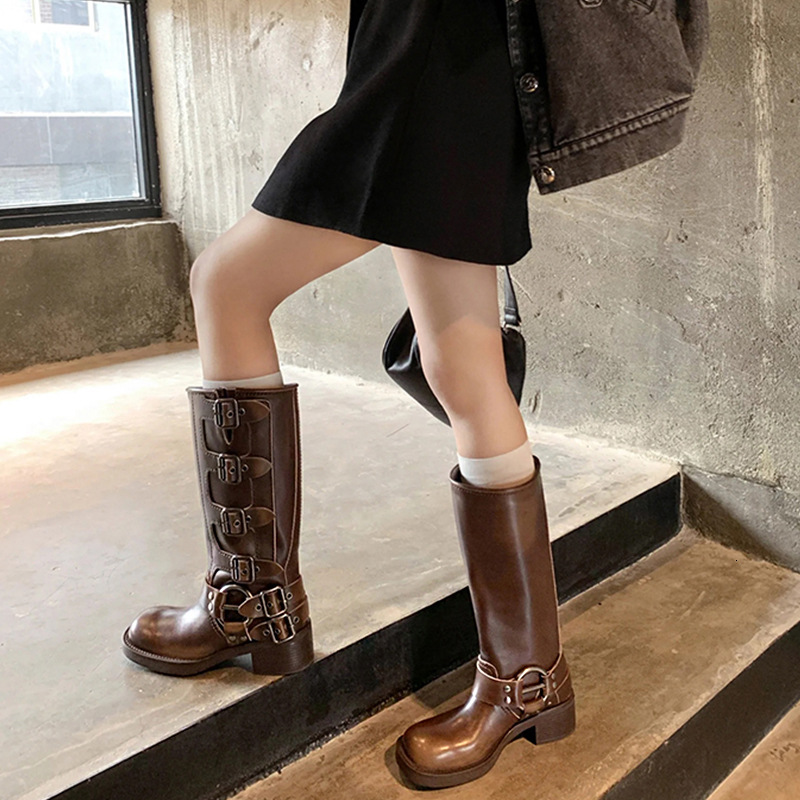 Ddmysports Cowhide Version Round Headed Genuine Leather Thick Heel Western Cowboy Boots High Cut Knight For Women Slim And Not Over The Knee Long OUTD