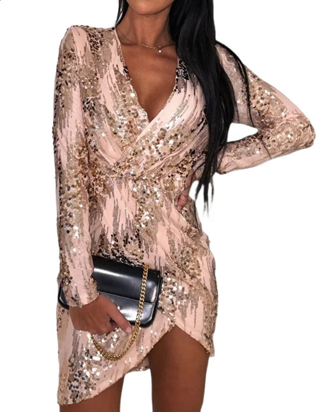 Elegant Party Dresses for Women Autumn Fashionable Sexy Deep V-Neck Slim Fit Ruched Plunge Long Sleeves Sequin Dress 240823