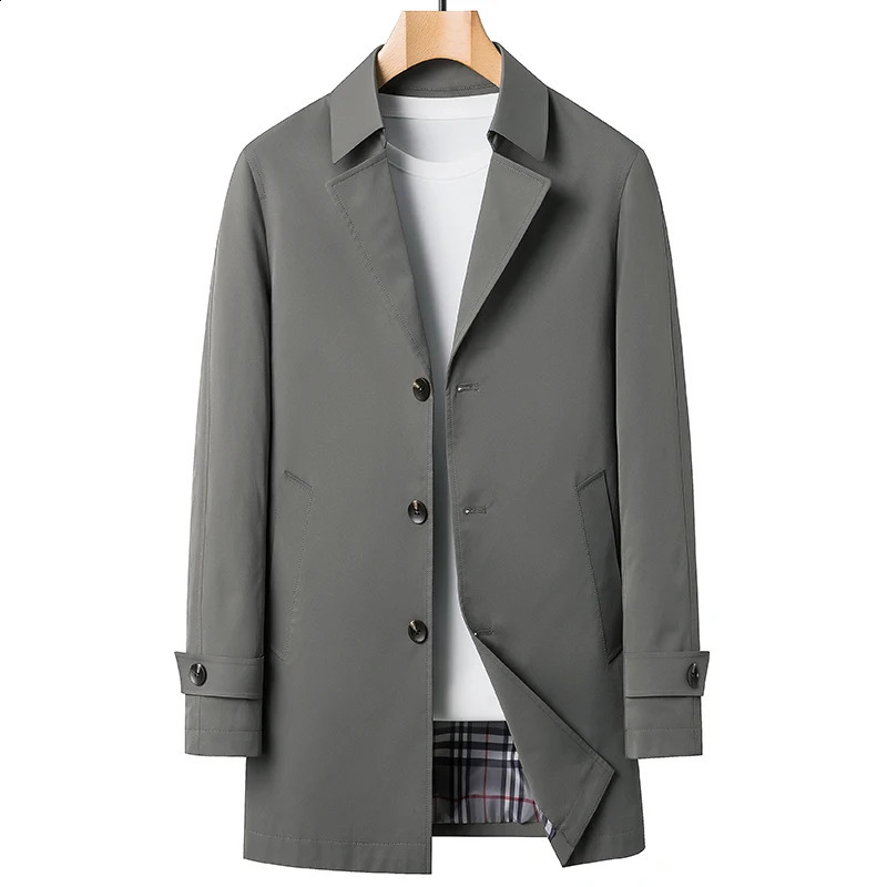 Business Casual Windbreaker Mens Spring And Autumn Solid Mid Length Coats Outerwear Loose Trench Jacket Lapel Top Overcoat 240822