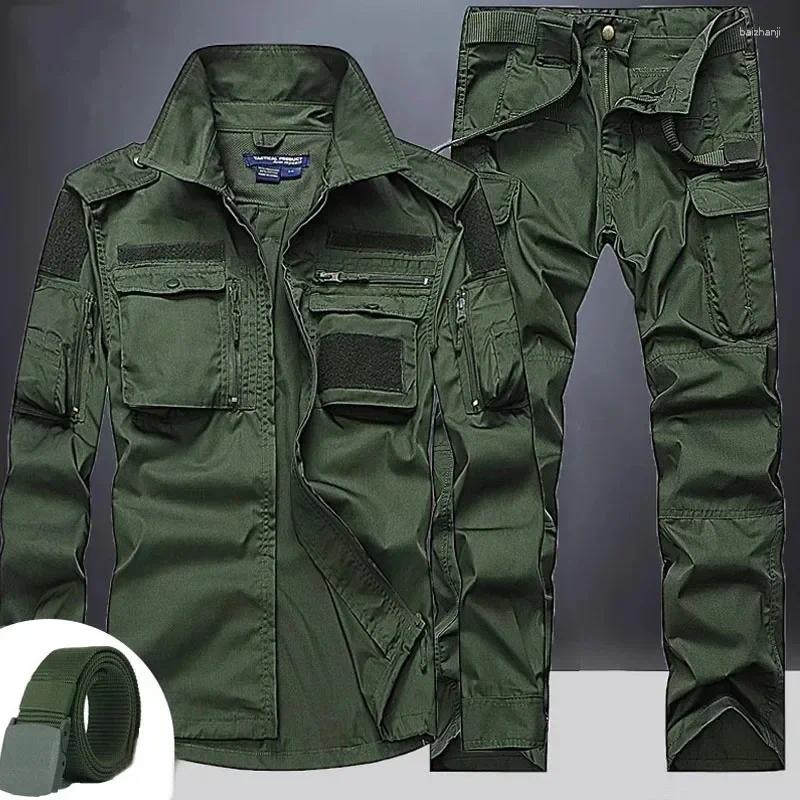 Mens Tracksuits Summer Sets Mens Outdoor Breathable Multiple Pockets Combat Long Sleeve Shirts Cargo Pants Suits Male
