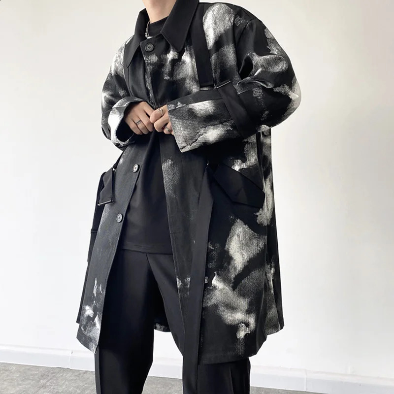 Ink Mens Tie-dye Tie n Trendy Long Coat Autumn Winter Black Single Breast Vintage Streetwear Windbreaker Loose Jacket 240822