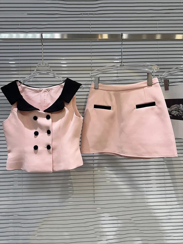 DEAT Trendy Womens Suits Contrast Color Neck Edge Double Breasted Vest Wrap Hip Skirts Set Female Summer 11A0390 240822