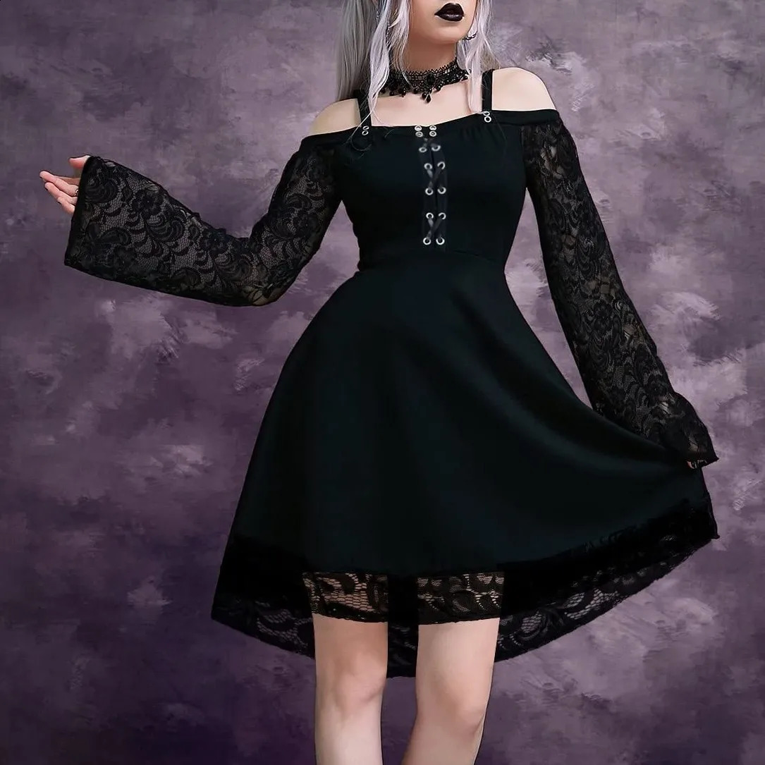 Gothic mini dress with lace decoration high waist cold shoulder Y2k womens 90s retro punk Harajuku Halloween 240823