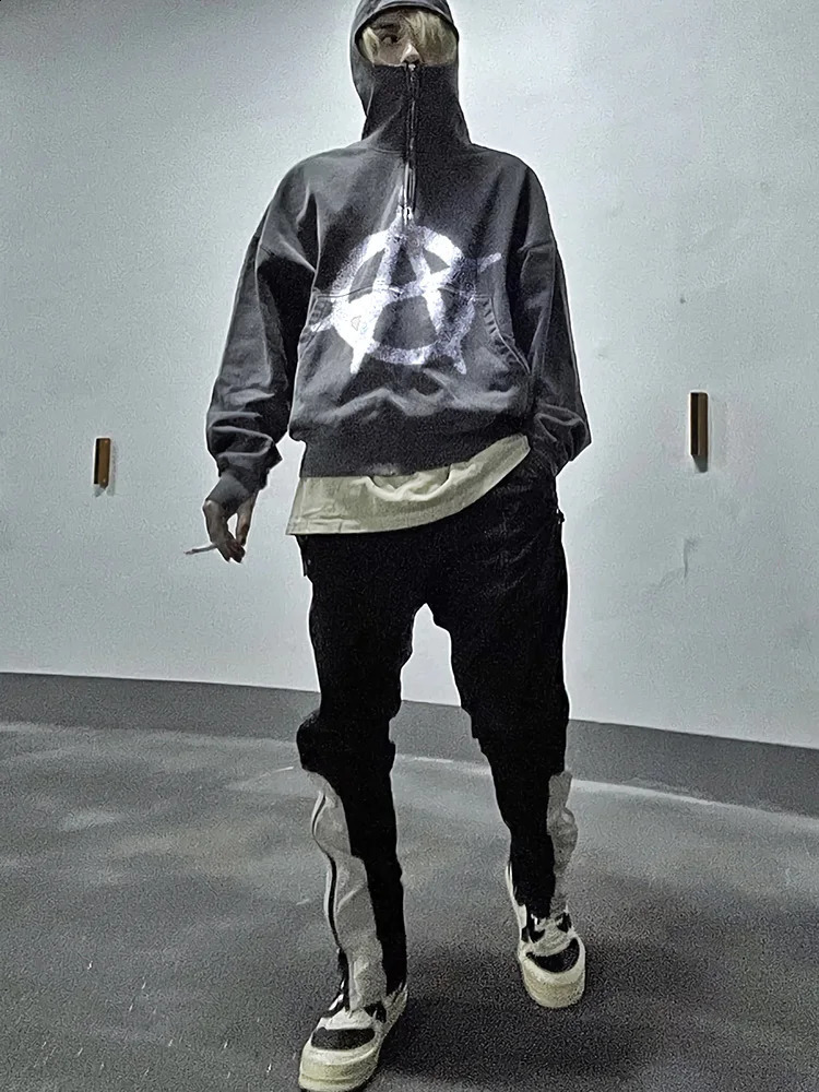 2000s Winter Warmth Samurai Ninja Style Mens Sweater Hip Hop y2k print High Street Mens Retro dark grey punk Zip-up Hoodie 240823