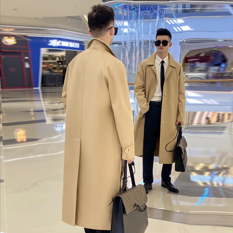 mens windbreaker single breasted long length classic turn down spring and autumn fashion thick trench coat men 240822