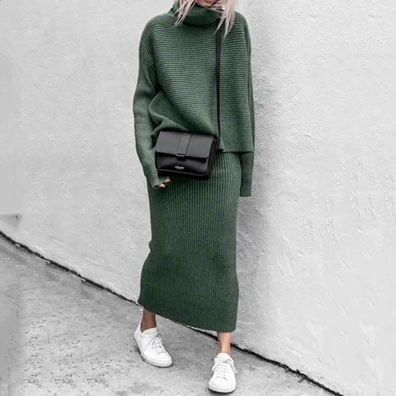 Two Piece Skirt Sets Knit Sweaters Spliced Full Sleeve Turtleneck Long Skirts Suits A Line Matching Set Solid Loose Fit Sports 240823