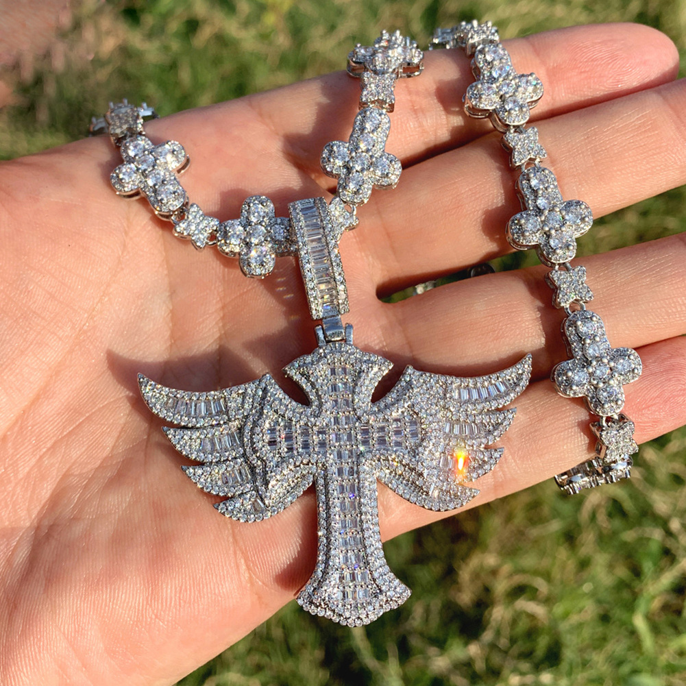 Hip Hop Wing Cross Cross Pendant Necklace with Chain 5A Zircon White Gold Plated Religious Men Jewelry
