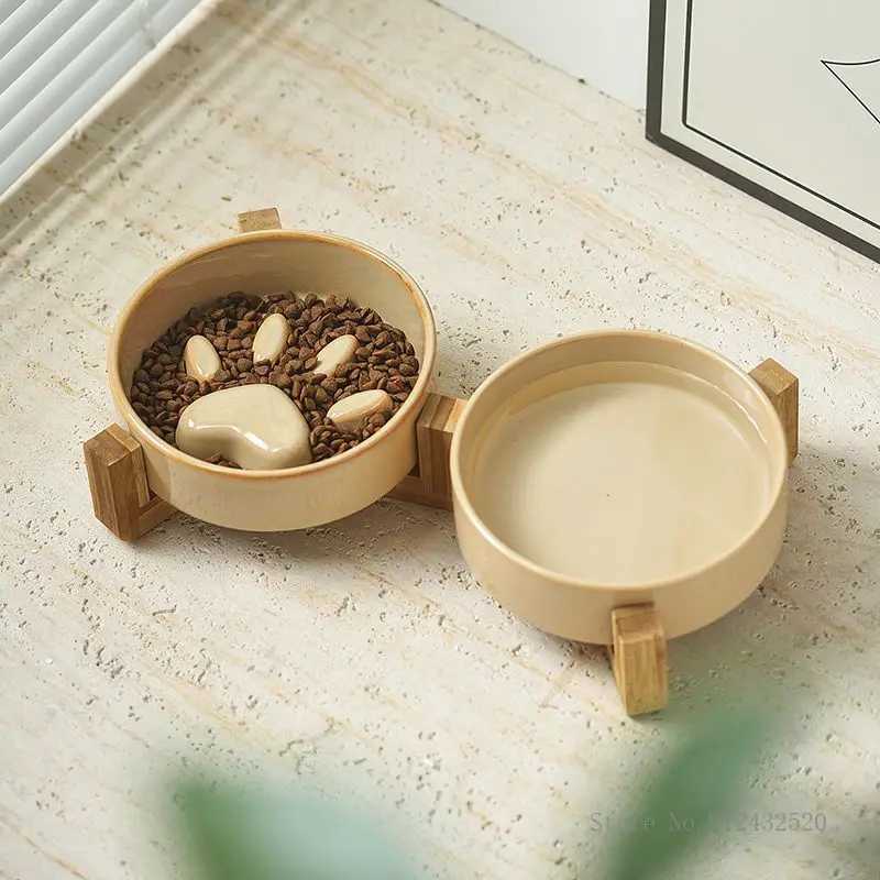 Creative ceramic anti suffocation cat bowl wooden frame slow food food and beverage dual pet supplies 1PcX240823