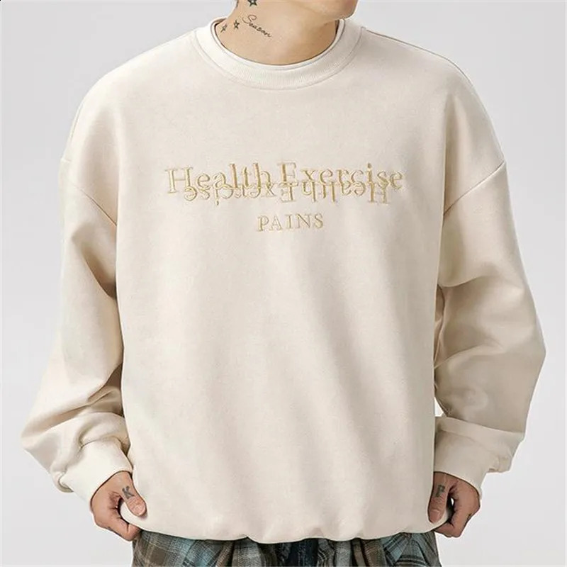 Texture suede letter embroidered hoodie round neck sweater mens autumn item American high school couple loose top 240823