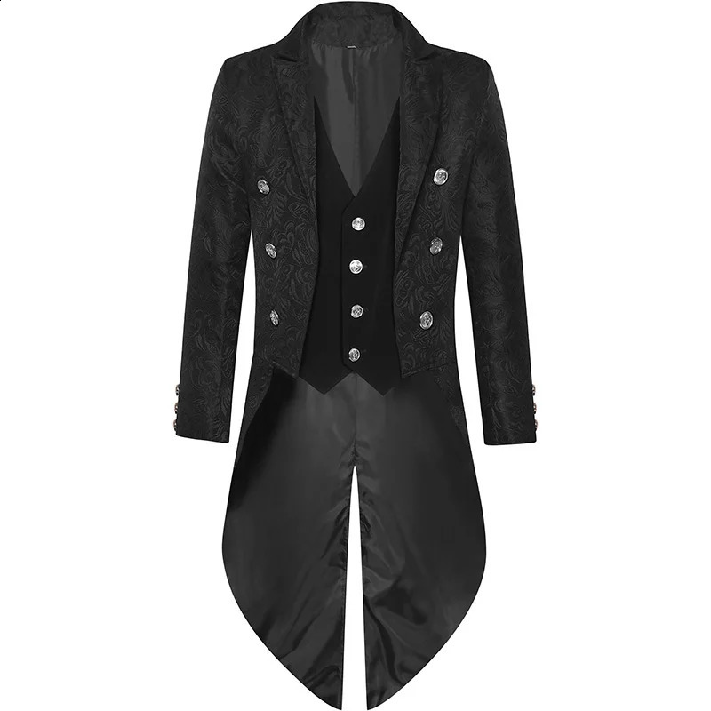 Black Medieval Jacquard Tailcoat Jacket Men Goth Long Steampunk Formal Gothic Victorian Frock Coat Men Party Halloween Clothing 240822