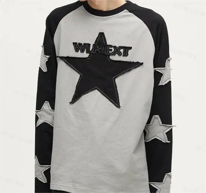 Harajuku Star Embroidered Long Sleeve T-shirt Y2K Set Womens Contrast Patch Long Sleeve College Casual Long Sleeve Mens Top 240823