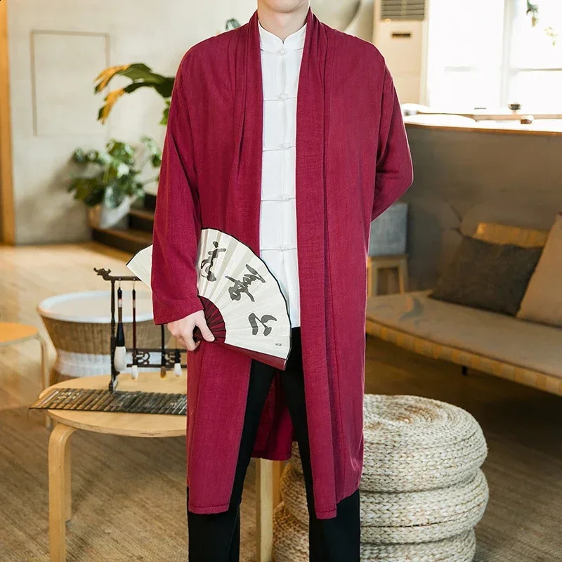 Chinese Style Mens Robe Cloak Loose Linen Cardigan Jacket Fashion Streetwear Solid Color Casual Loose Mid-length Trench Coat 240822