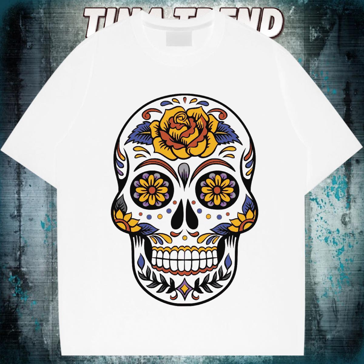 High Quality Men T Shirts 230g Pure Cotton skull Hip Hop White Plus Size Breathable Crew Neck Tshirt for Man Woman New Polos
