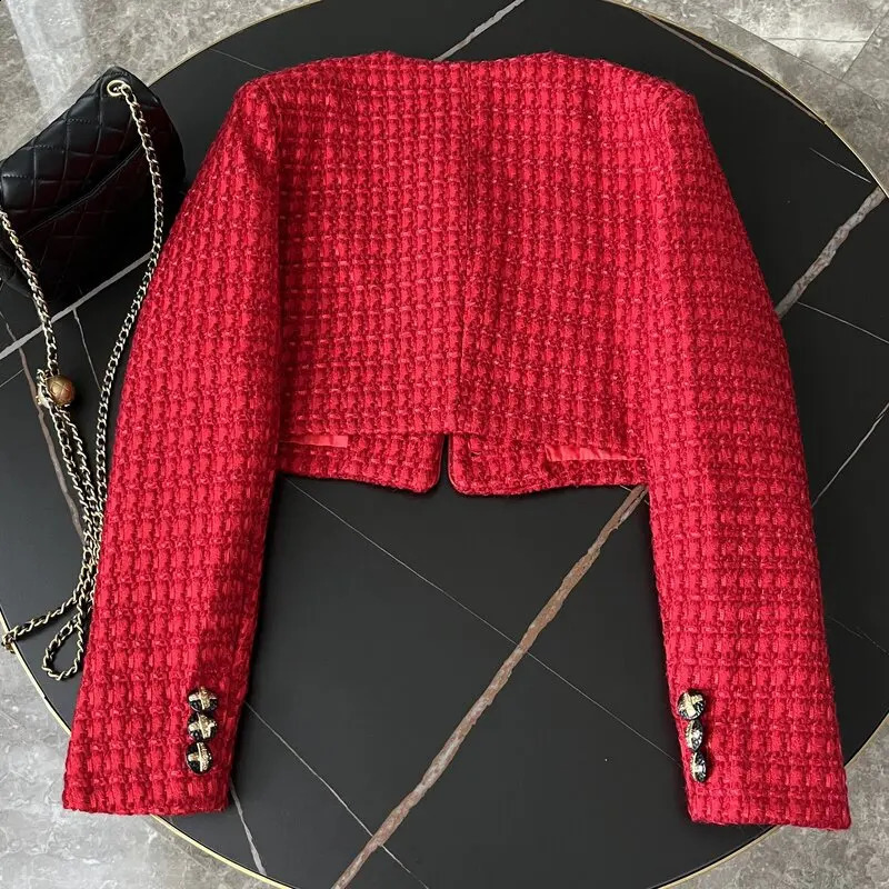 High Quality Chic Autumn Winter Red Woolen Short Jacket Coat Sweet Fashion Women O Neck Single Breasted Tweed Weave Cropped Tops 240823