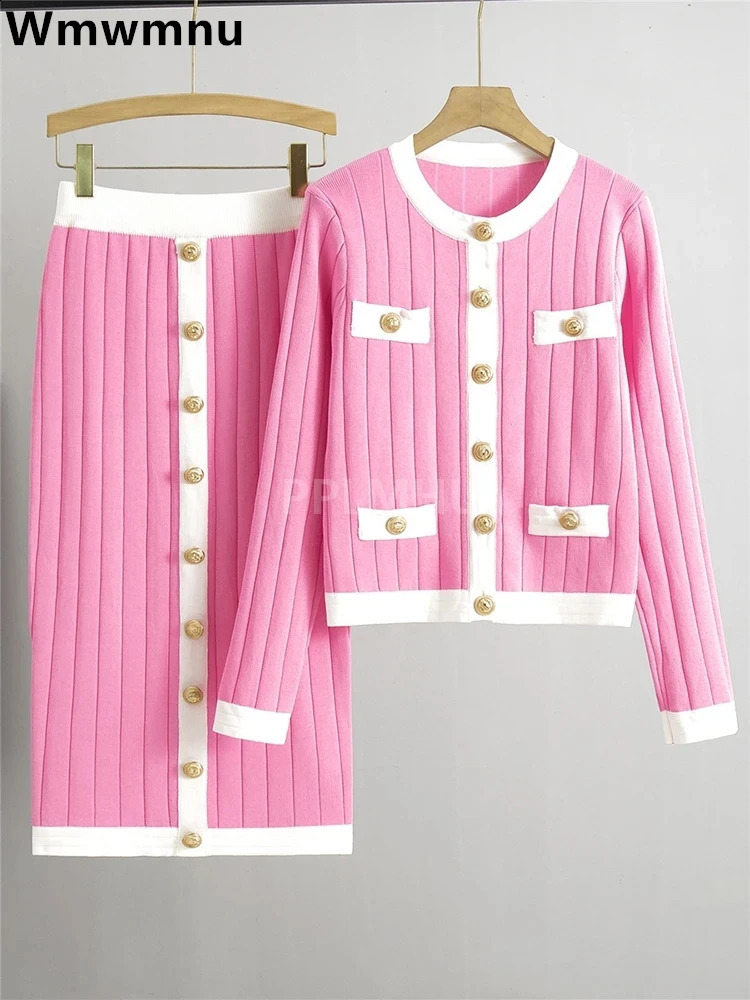 Womens ultrathin Oneck short sweater cardigan 2piece set Korean retro knitted skiing chic button Malhas Faldas Conjuno 240823