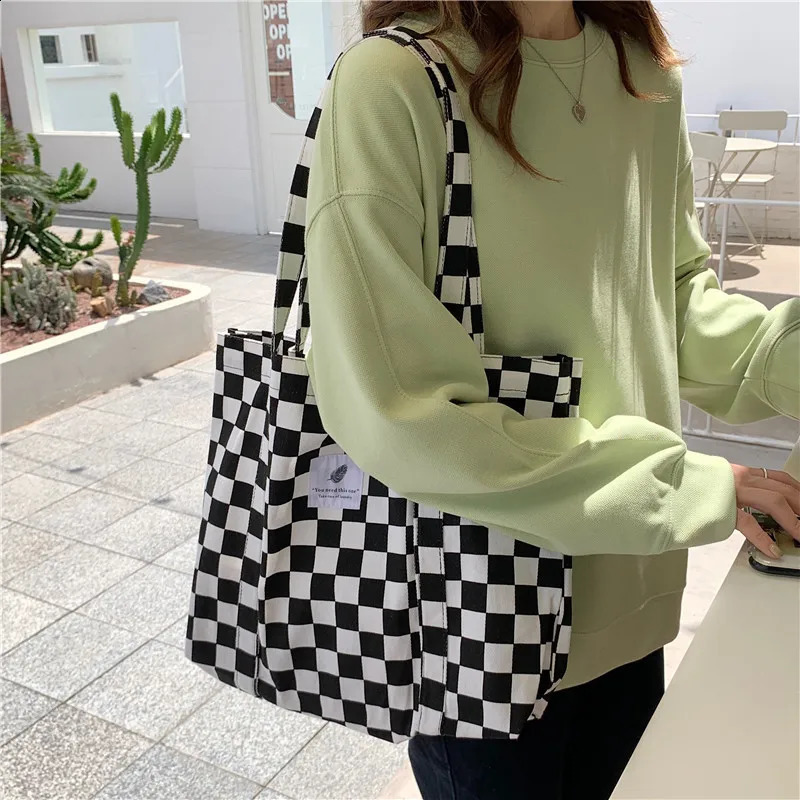 Canvas Checkerboard Bag For Women Casual Plaid Tote Shoulder Bags Leopard Print Large Handbags Female Travel Shopping School Bag 240822