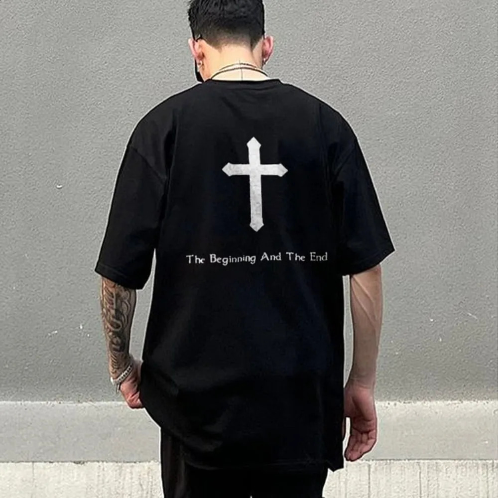 Cross Graphic Print Tshirt mens Y2K short sleeved retro oversized womens top 240822