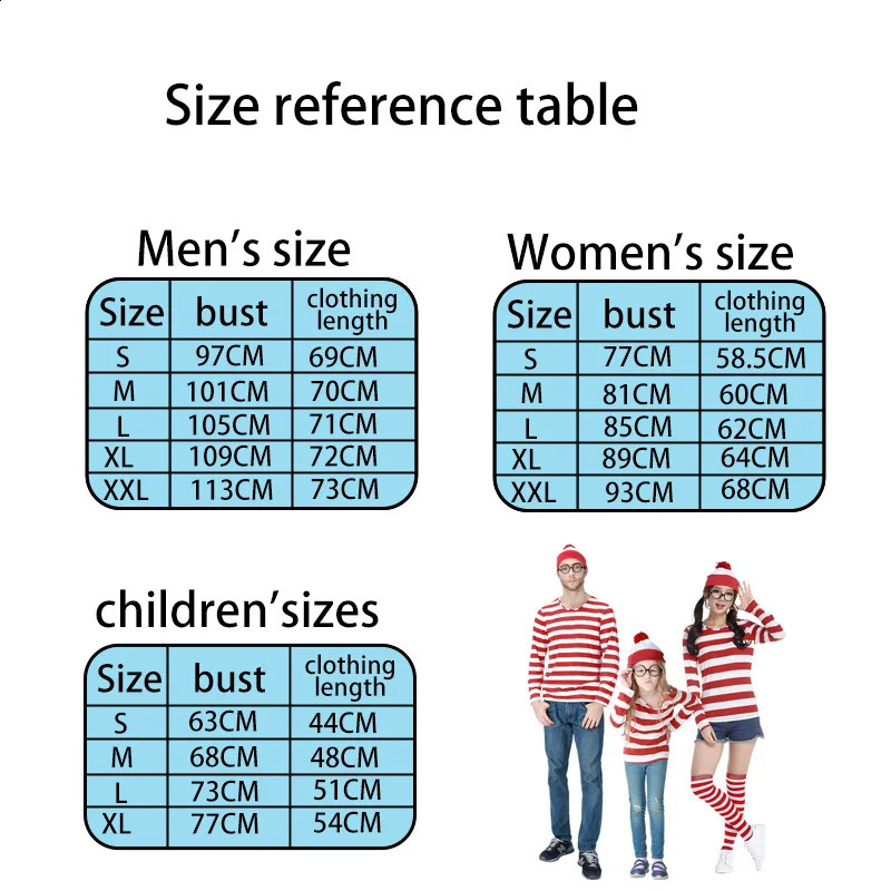 Where Waldo striped shirts for teenagers children boys Wally clothing glasses and hats socks unisex adult Halloween roleplaying costumes w240824