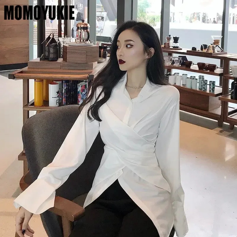 Spring Korean Style Stand Collar Shirts Elegant Long Sleeve Fashionable Solid Chic Slim Irregular Casual Feminino Tops 240823