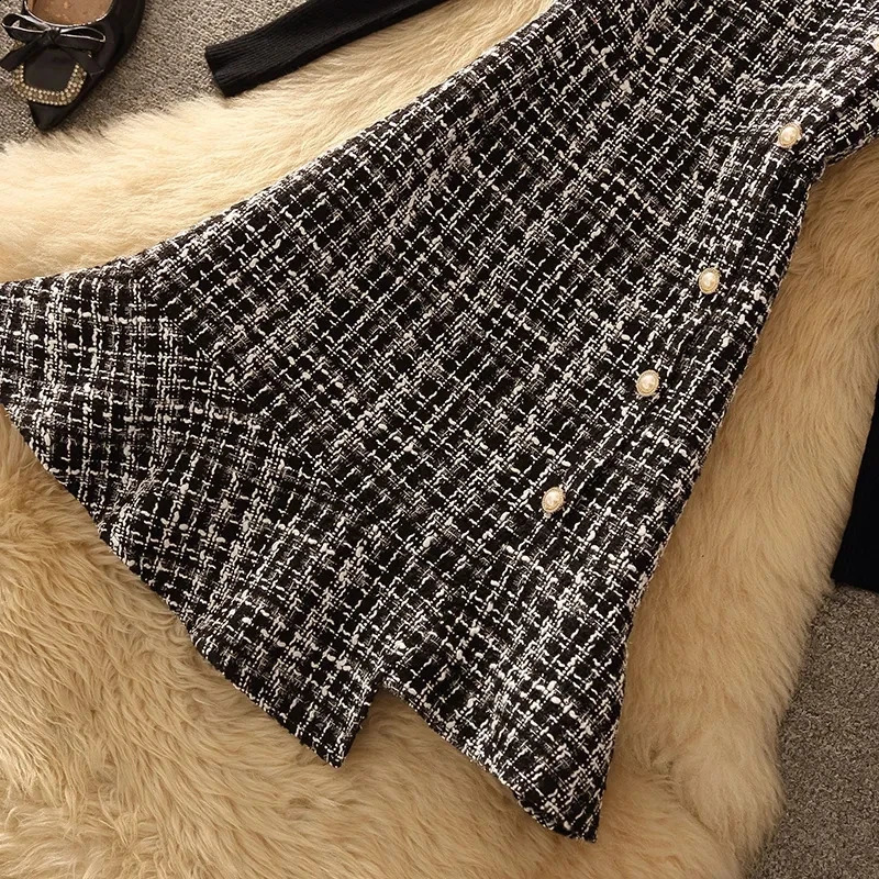 Autumn Winter Women Graceful Pink Tweed Vest Dress Sweater 1 or 2 Piece Set Asymmetric Overall Tank Dresses Knit Tops Outfits 240823