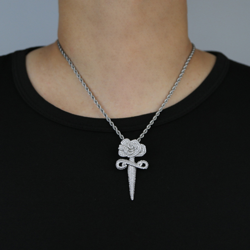 Hip Hop Rose Flower Cross Pendant Necklace 5A Zircon White Gold Plated Religious Jewelry