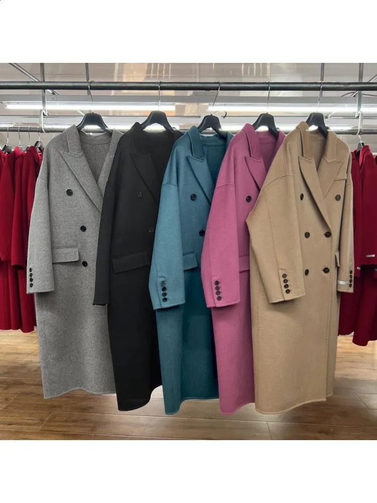 Winter Korean Style High-End Handmade Double Breasted Black Long 100% Wool Coat Women Lapel Loose Warmer Woolen Jacket 240822