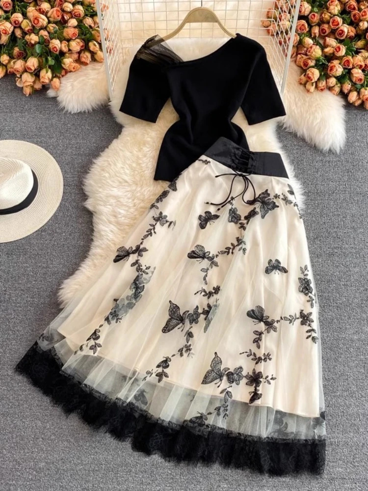 Summer Elegant Two Piece Sets Women Diagonal Neck Short Sleeve Shirt Vintage Butterfly Embroidered High Waist Mesh Skirt Suits 240823