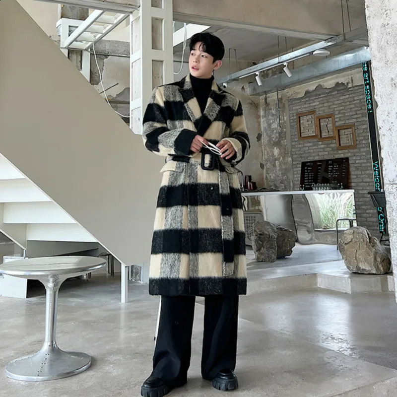 NOYMEI Woolen Coat Mens Autumn Winter Trench Thickened Korean Style High-end Checked Over Knee Windbreaker Trend WA3106 240822