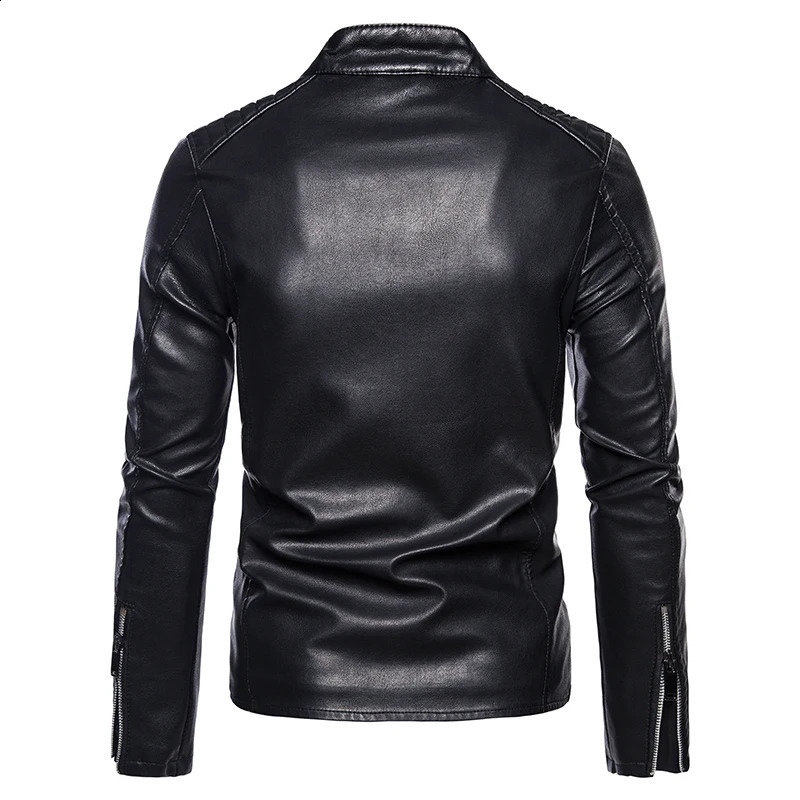 Mens motorcycle suit casual high-quality slim fit leather jacket diagonal zipper pocket stand up collar leather jacket 240822