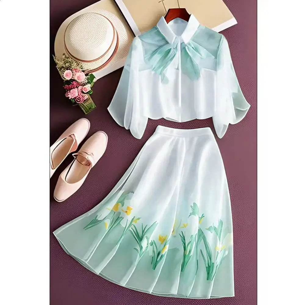 Temperament Blouse Faldas Floral Skirts Two Piece Sets Womens Outifits Short Sleeve Print Shirts Lady Ropa Mujer Chiffon Tops 240823