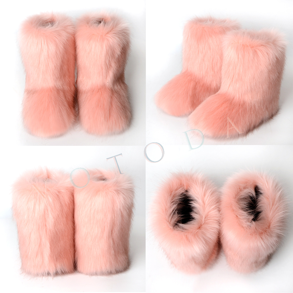 Hot Women Warm Woman Winter Plush Faux Fur Snow Boots Ladies Furry Outdoor Slip On Shoes Female Cozy Fuzzy Cotton Boot