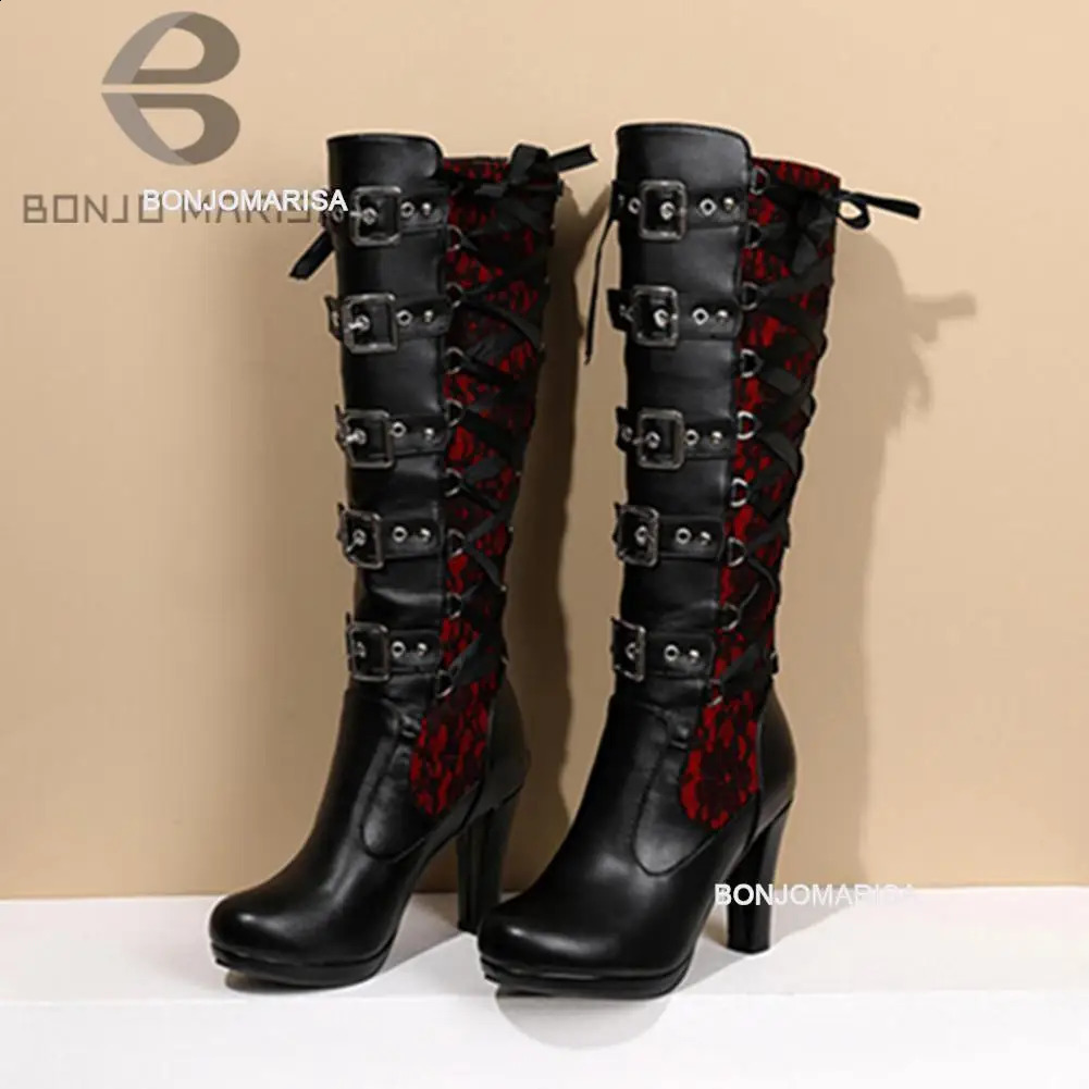 BONJOMARISA womens platform boots with straps short and chubby high heels mid calf boots narrow band bow knot Gothic shoes winter 240823
