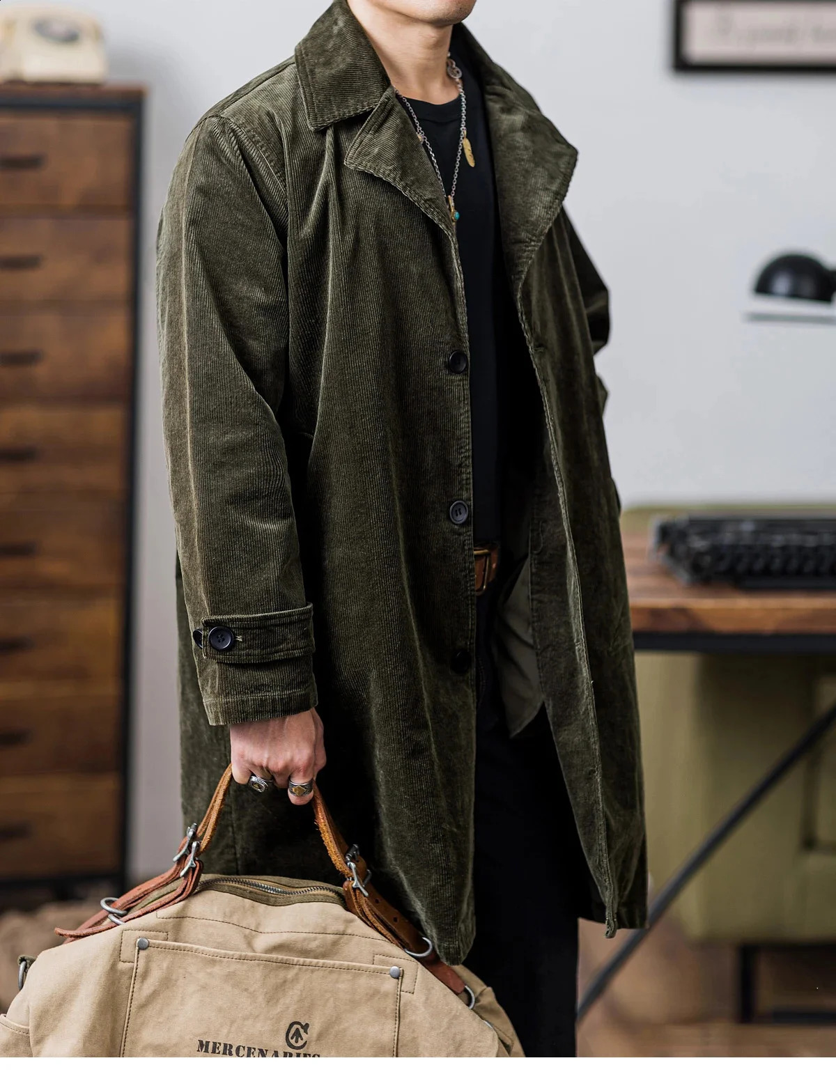 Trench Mens Coat Corduroy Green Loose Fit Mid-length Business Casual Gentlemen Jacket Autumn Winter Wear 240822