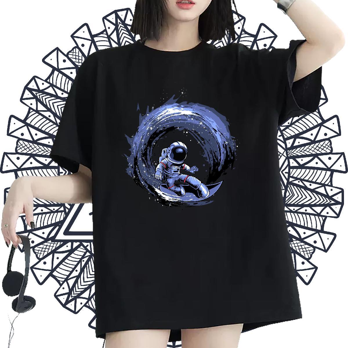 Soft Woman Tshirt 230g 100% Cotton cosmonaut Casual Daily Wear Womens T Shirts Crew Neck Breathable White Plus Size Tees Shirts