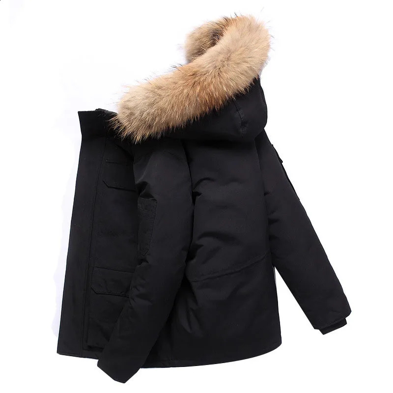 Fur collar white duck down jacket mens windproof hooded thick multi pocket warm 30 degree park 240822