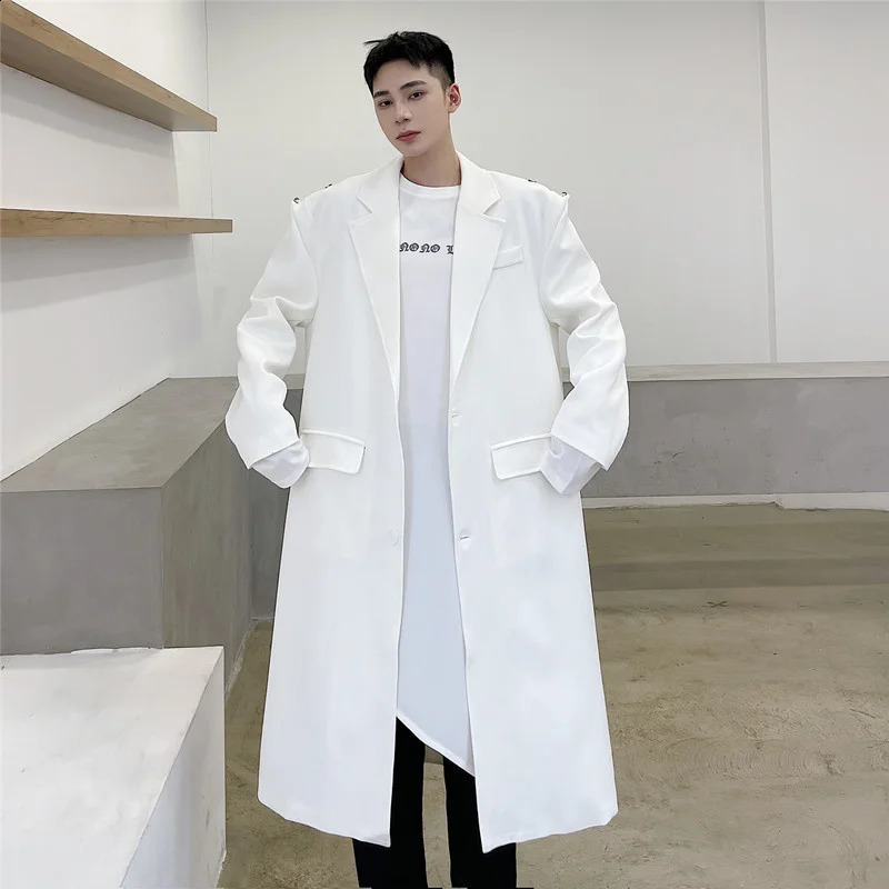 NOYMEI Simple Solid Color Long Coat Mens Shoulder Buckle n Trench Fashion Turn-down Collar Temperament WA641 240822