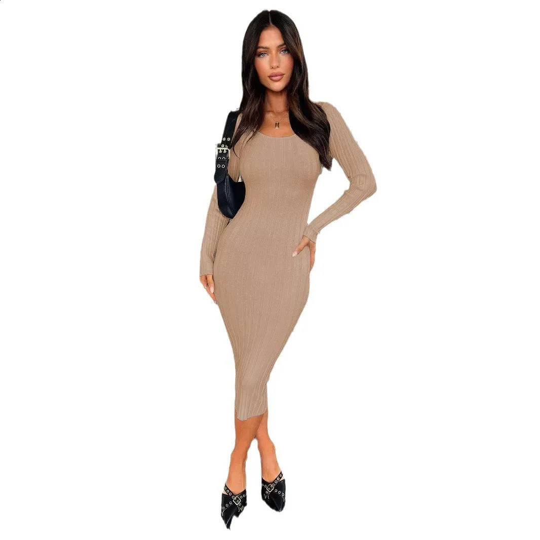 Womens Summer Dress Minimalist Ribbed Knitted Long-sleeved French Long Skirt With Waist And High-end Feel 240823