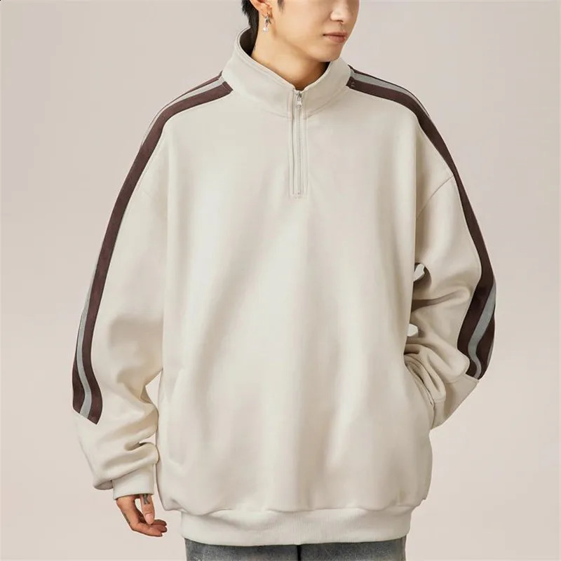 Mens Half Zipper Hoodie AutumnWinter Style Contrastive Color Splicing American Texture Stand up Collar Jacket 240823