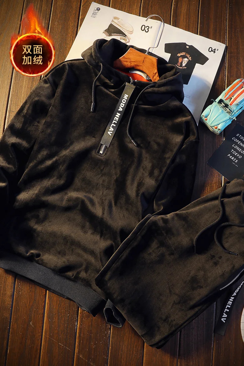 Mens doublesided hooded sweatshirt with pants velvet winter set casual gold twopiece sportswear 240822