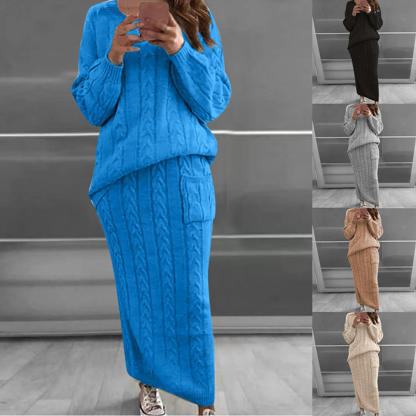 Womens Spring Loose Long Sleeve O Neck Sweater Pullover Top High Waist Elastic Women Elegant Solid Slim A-Line long Skirt Set 240823