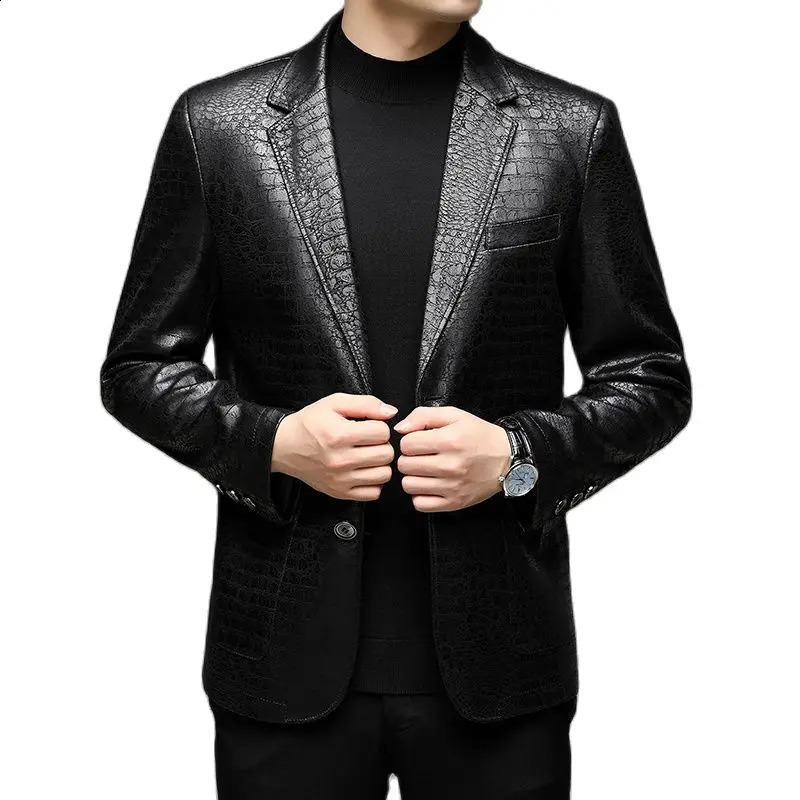 Mens Spring Autumn Vintage Soft Faux Leather Jackets Male Classic Slim Fit Pattern Suit Black Blazers Coats 240822