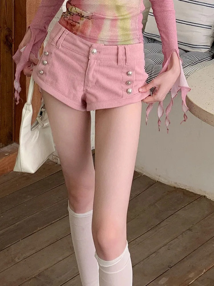 Korean Fashion Pink Denim Shorts Office Lady High Waist Jeans Short Button Clubwear Pants Streetwear American Retro Gyaru 240823