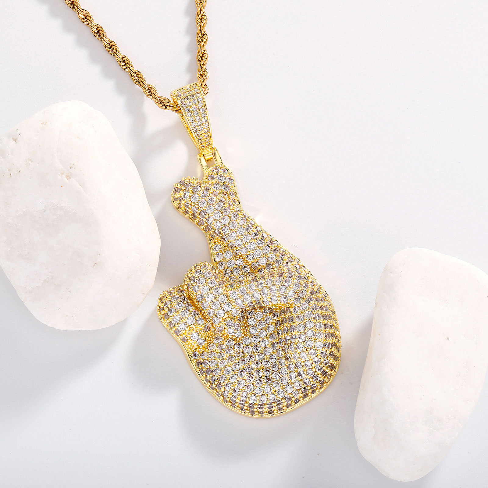 Hip Hop Palm Heart Shape Pendant Necklace 5A Zircon White Gold Plated Lover Jewelry Gift