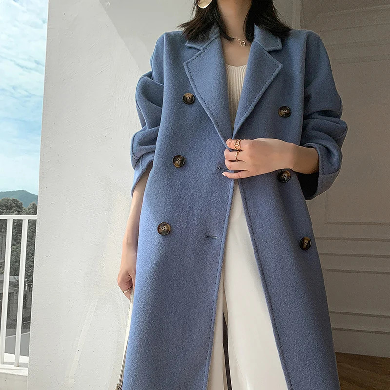 High quality doublesided 100 wool coat womens long elegant loose cashmere winter jacket 240823