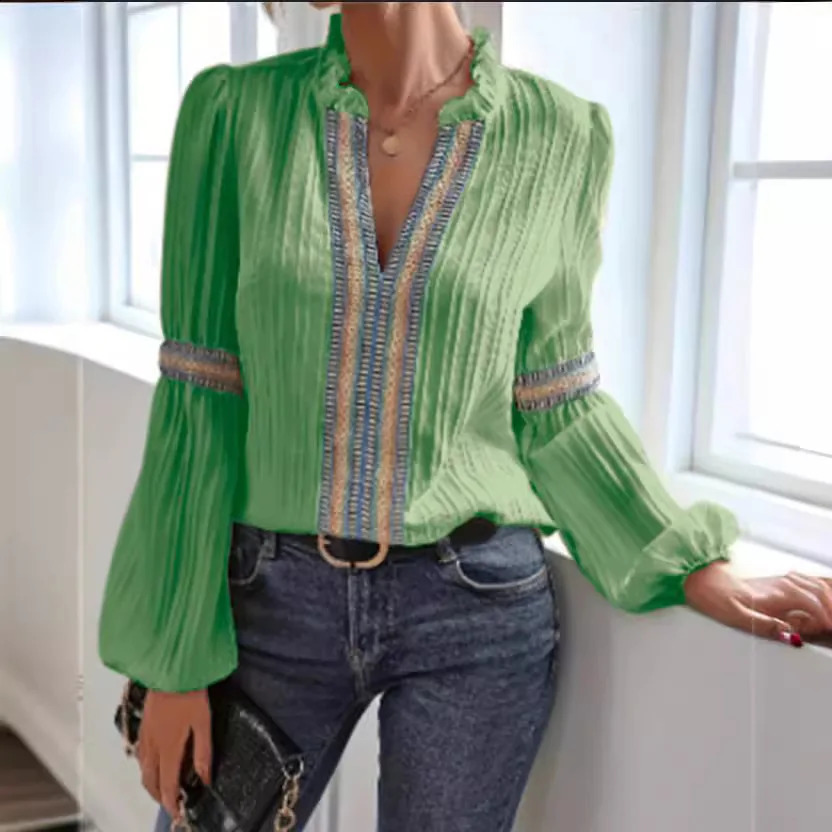 Womens shirt lace long sleeved casual style womens Vneck printed spring and summer floral dress 240822