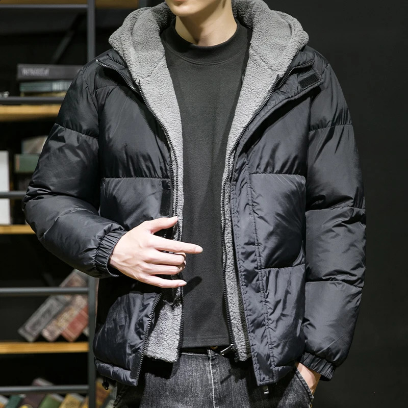 Thick warm cotton hooded Parka mens winter outdoor windproof jacket highquality and fashionable black clothing 240822