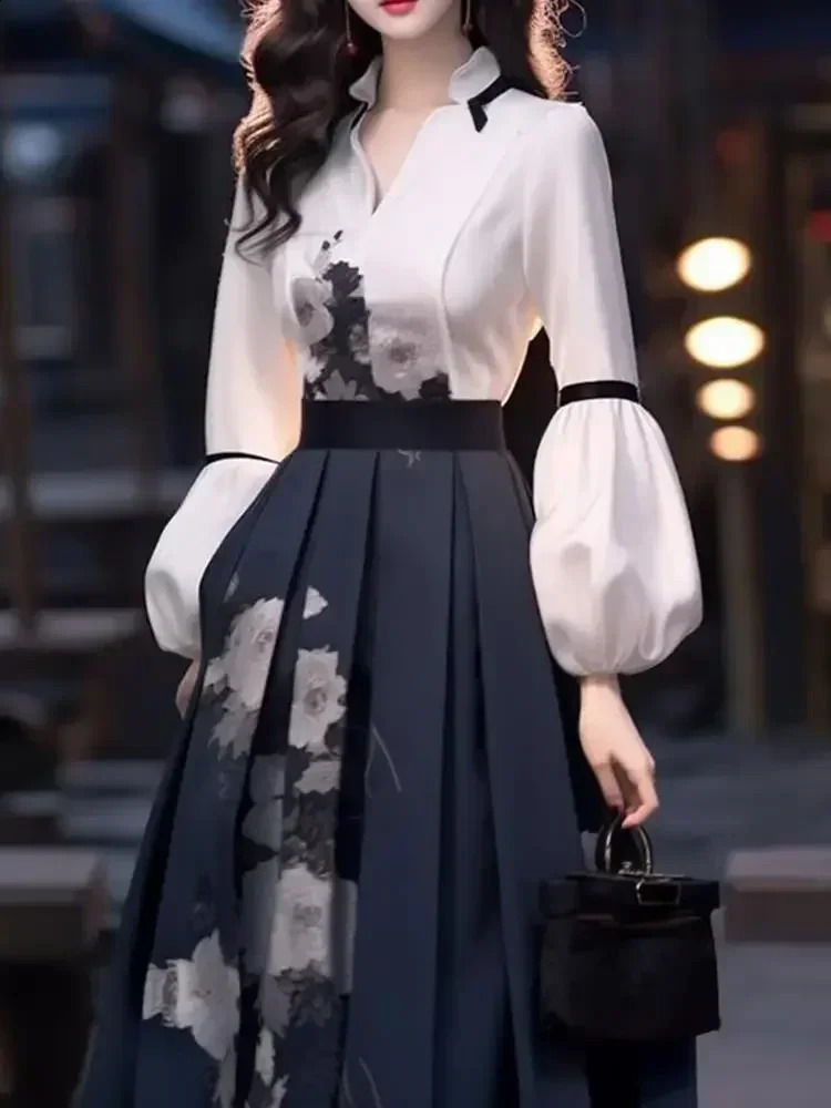 Womens Skirt Set Long Sleeved Blouse Top Autumn Spring High End Chinese Elegant Temperament Goddess Show Thin Print Skirt Set 240823