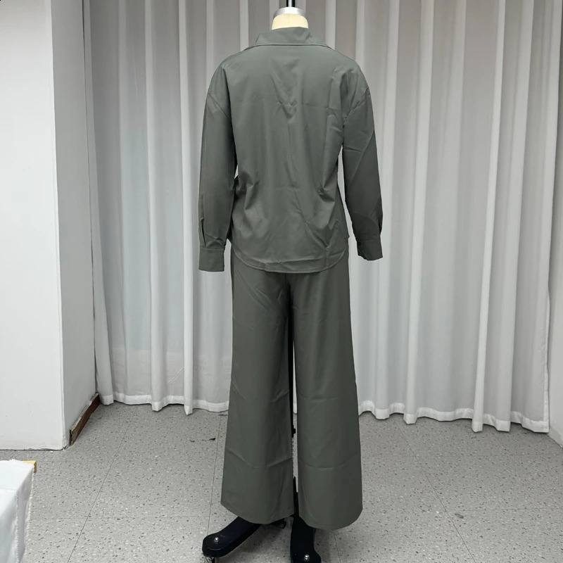 Wefads Two Piece Set 2024 Women Summer Casual Lapel Solid Long Sleeve Single Breasted Button Top Wide Leg Pants Sets Streetwear 240813