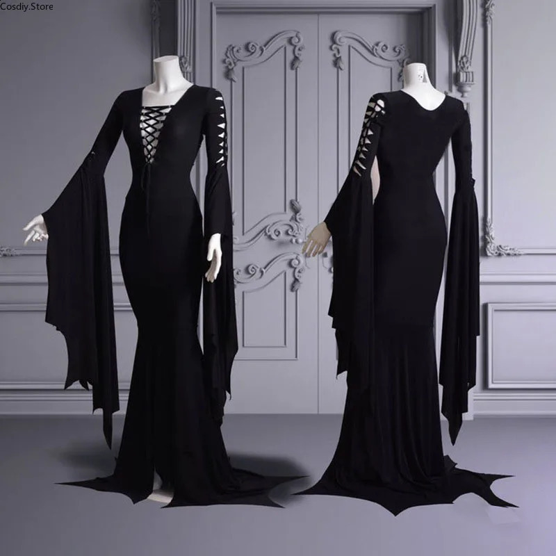 S-5XL sexy witch ghost Halloween costume Morticia Addam Gothic Maxi dress pagan elf black lace womens dress 240823