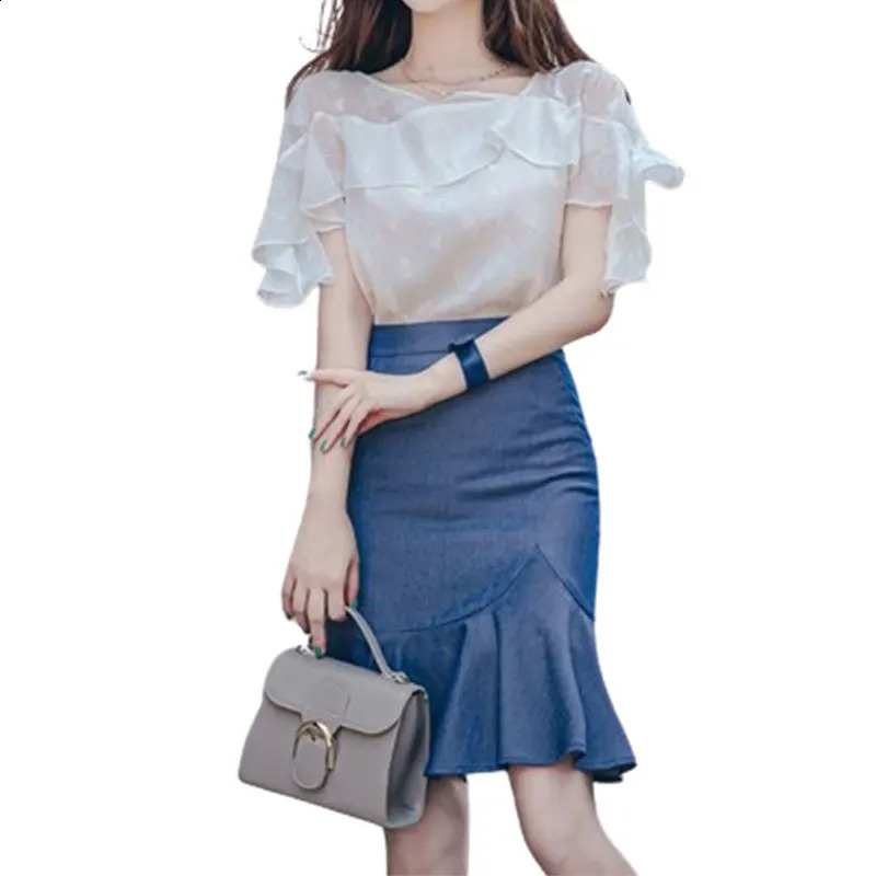 Elegant Fashion Harajuku Slim Fit Female Clothes Loose Casual All Match Cow Skirt Chiffon Short Sleeve Tops Two Piece Set 240823